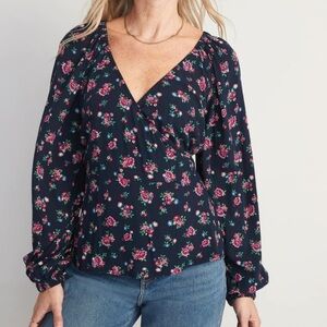 Old Navy Blue & Pink Floral Puff Sleeve Smocked Wrap Blouse Size Large NEW